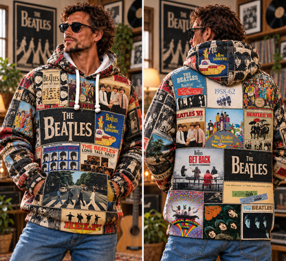 The Beatles Album Covers Patchwork Hoodie – Vintage 60s Rock Band Graphic Pullover, Abbey Road & Yellow Submarine Design, Retro Beatles Album Collage Sweatshirt,
