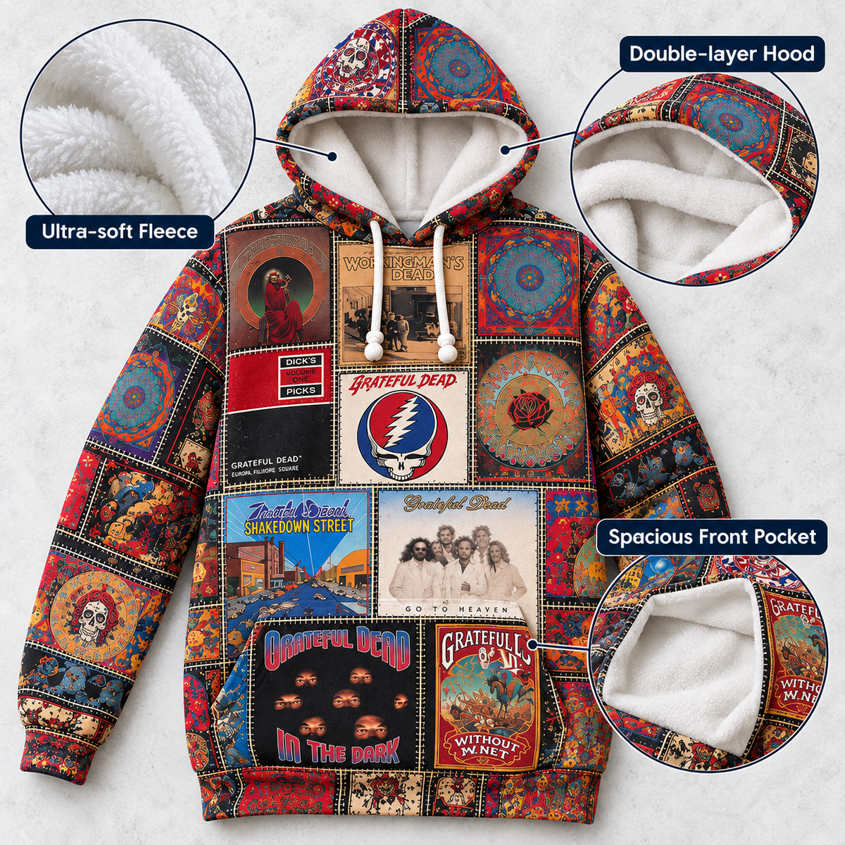 Grateful Dead Patchwork Hoodie – Vintage Psychedelic Rock Band Graphic Pullover, Retro Album Cover Hoodie, Grateful Dead Fan Gift