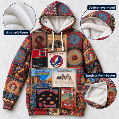 Grateful Dead Patchwork Hoodie – Vintage Psychedelic Rock Band Graphic Pullover, Retro Album Cover Hoodie, Grateful Dead Fan Gift