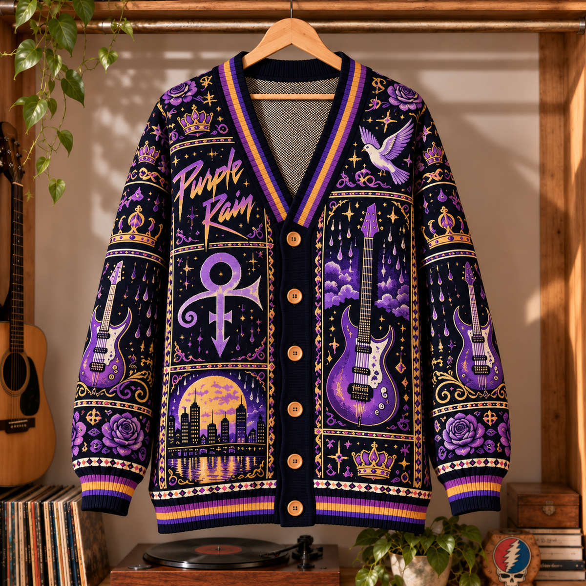 Prince Retro Rock Knit Cardigan - Vintage Style Purple Rain Button Down Sweater, Unique Pop Funk R&B Band Merchandise Fan Outfit