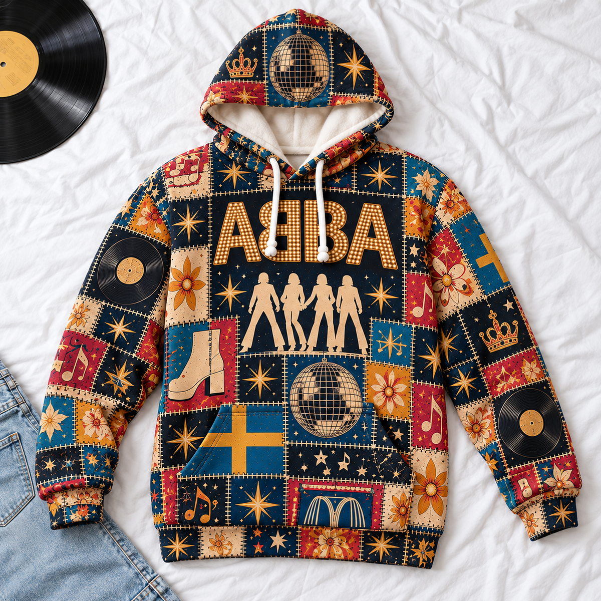 ABBA Patchwork Hoodie – Vintage 70s Disco Band Graphic Pullover, Dancing Queen Inspired Hoodie, Retro ABBA Fan Gift