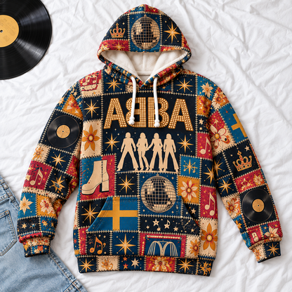 ABBA Patchwork Hoodie – Vintage 70s Disco Band Graphic Pullover, Dancing Queen Inspired Hoodie, Retro ABBA Fan Gift