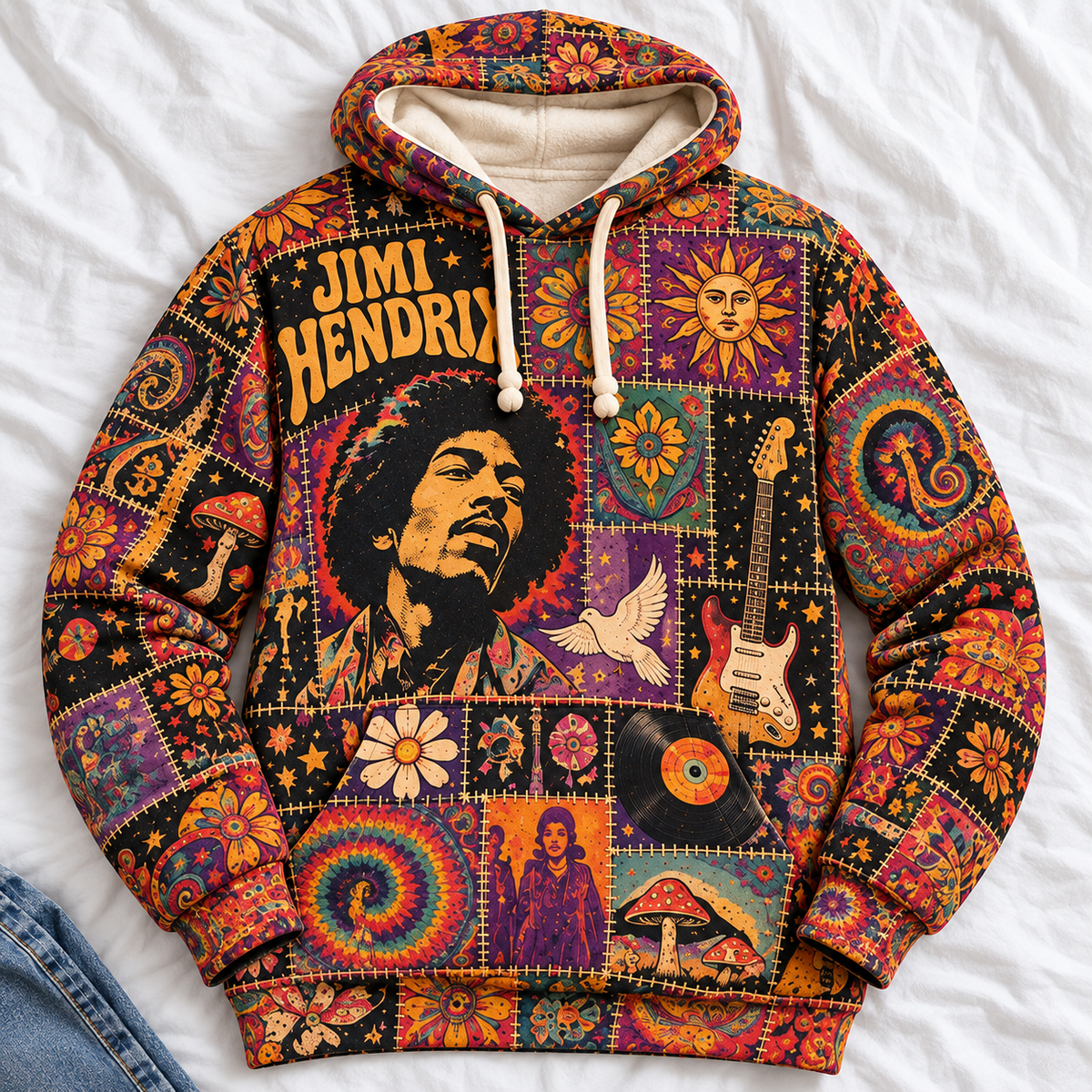 Jimi Hendrix Patchwork Hoodie – Vintage Psychedelic Rock Graphic Pullover, Retro 60s Hippie Tie-Dye Hoodie, Jimi Hendrix Fan Gift