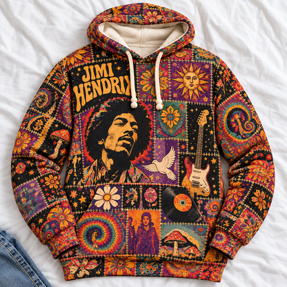 Jimi Hendrix Patchwork Hoodie – Vintage Psychedelic Rock Graphic Pullover, Retro 60s Hippie Tie-Dye Hoodie, Jimi Hendrix Fan Gift