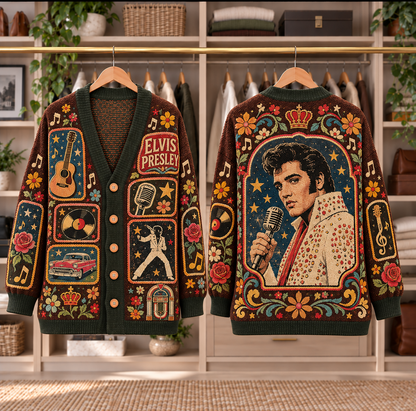 Elvis Presley Patchwork Cardigan - Casual Oversized Button Sweater, Jumpsuit Guitar Vinyl Rock and Roll Fan Gift