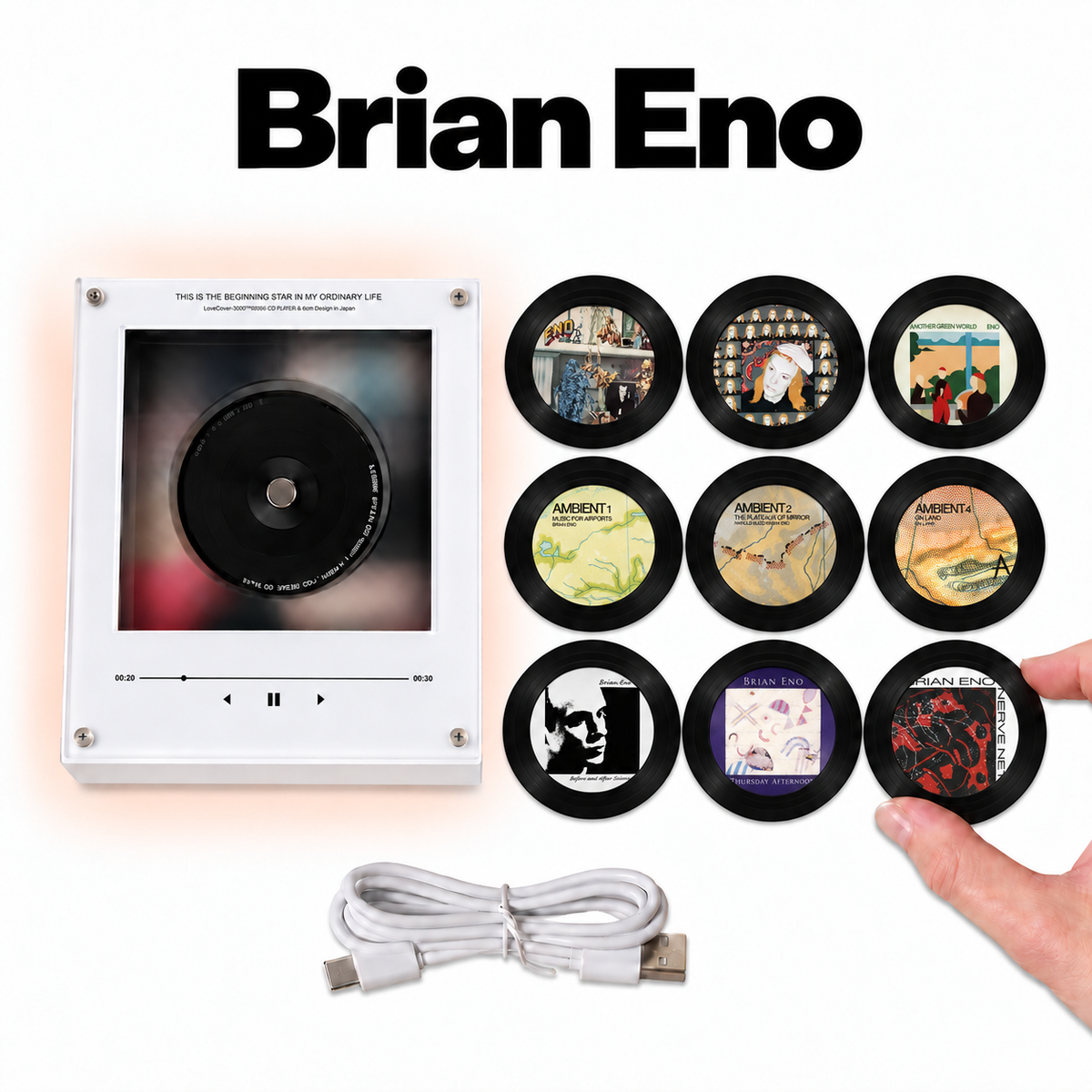 Brian Eno MagTune Mini CD Player Light Box - Album Art Disc Night Light & Music Decor Display, USB Backlit Ambient Music Collector Fan Gift