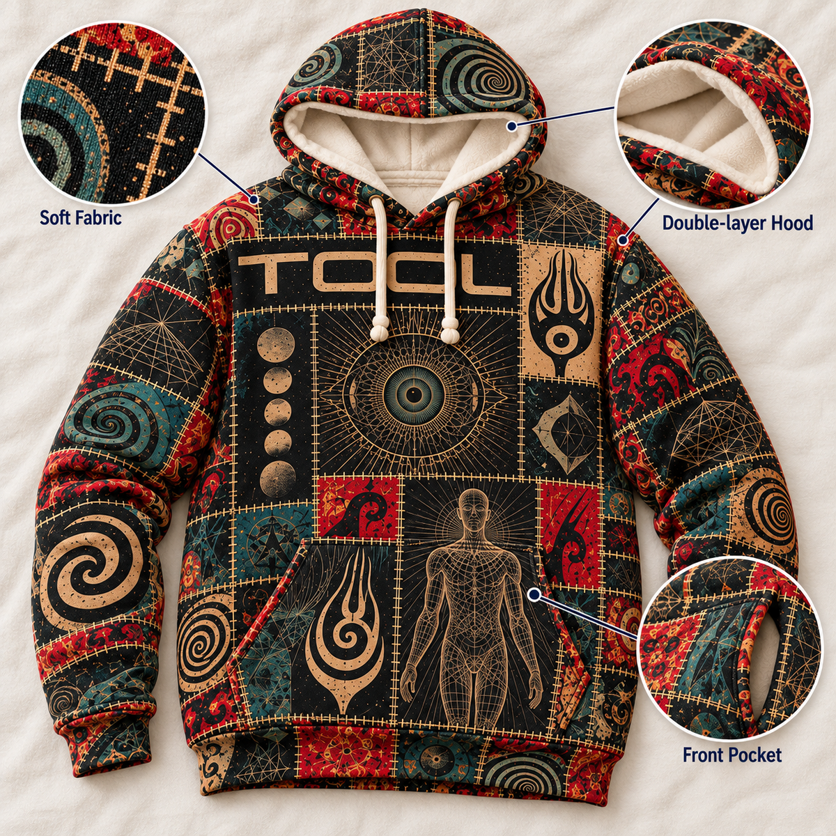 Tool Patchwork Hoodie – Vintage Progressive Metal Graphic Pullover, Lateralus & Sacred Geometry Inspired Design
