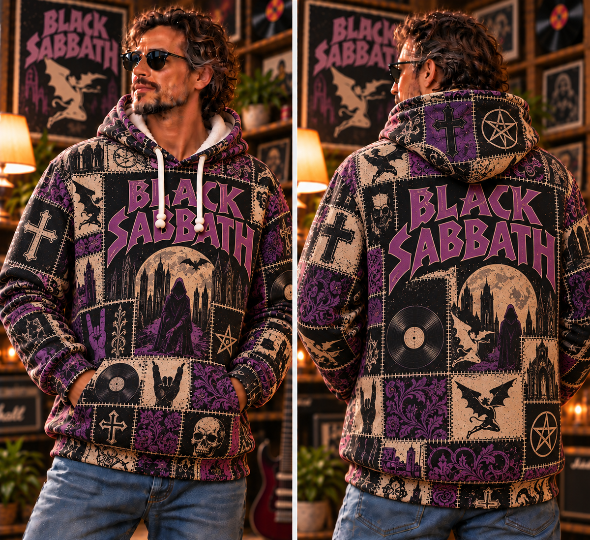 Black Sabbath Patchwork Hoodie – Vintage Heavy Metal Band Graphic Pullover, Purple Gothic Rock Hoodie, Classic Metal Fan Gift