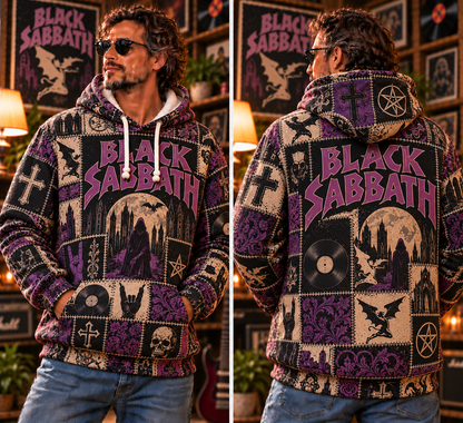 Black Sabbath Patchwork Hoodie – Vintage Heavy Metal Band Graphic Pullover, Purple Gothic Rock Hoodie, Classic Metal Fan Gift