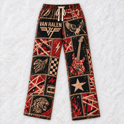 Van Halen Patchwork Pajama Pants - Vintage Hard Rock Art & Frankencaster Stripes Lounge Pants with Elastic Waistband, Adjustable Drawstring & Two Side Pockets