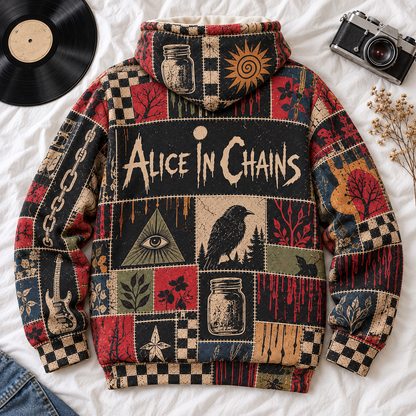 Alice In Chains Patchwork Hoodie – Vintage Grunge Rock Band Graphic Pullover, Retro Alternative Metal Music Fan Gift