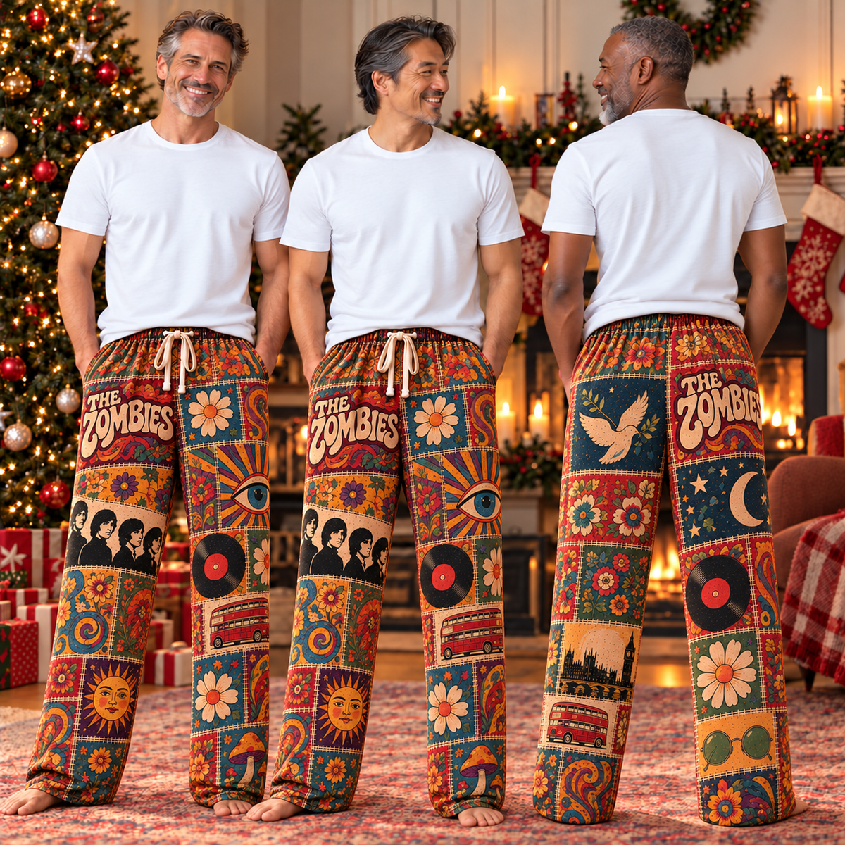 The Zombies Patchwork Pajama Pants - Vintage 60s Psychedelic Rock Art & British Invasion Lounge Pants with Elastic Waistband, Adjustable Drawstring & Two Side Pockets