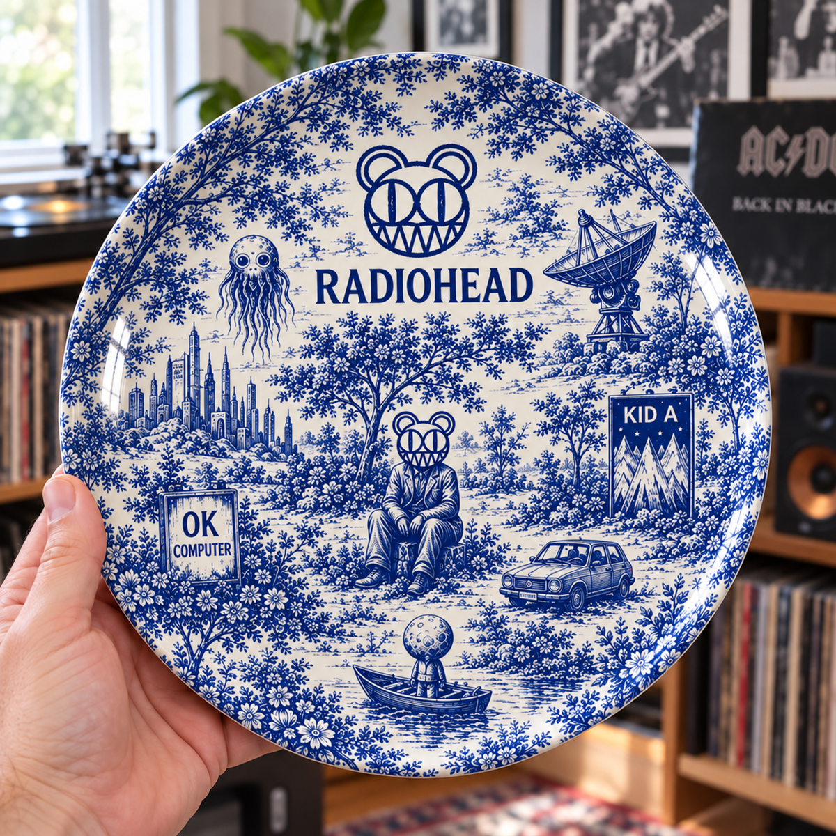 Radiohead Toile de Jouy Ceramic Plate - Decorative Wall & Table Display Dish, Blue Kid A OK Computer Rock Fan Gift
