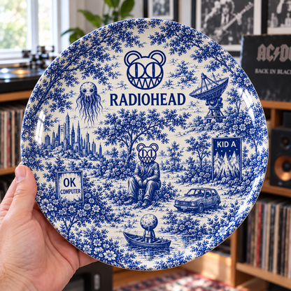 Radiohead Toile de Jouy Ceramic Plate - Decorative Wall & Table Display Dish, Blue Kid A OK Computer Rock Fan Gift