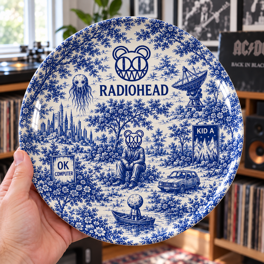Radiohead Toile de Jouy Ceramic Plate - Decorative Wall & Table Display Dish, Blue Kid A OK Computer Rock Fan Gift