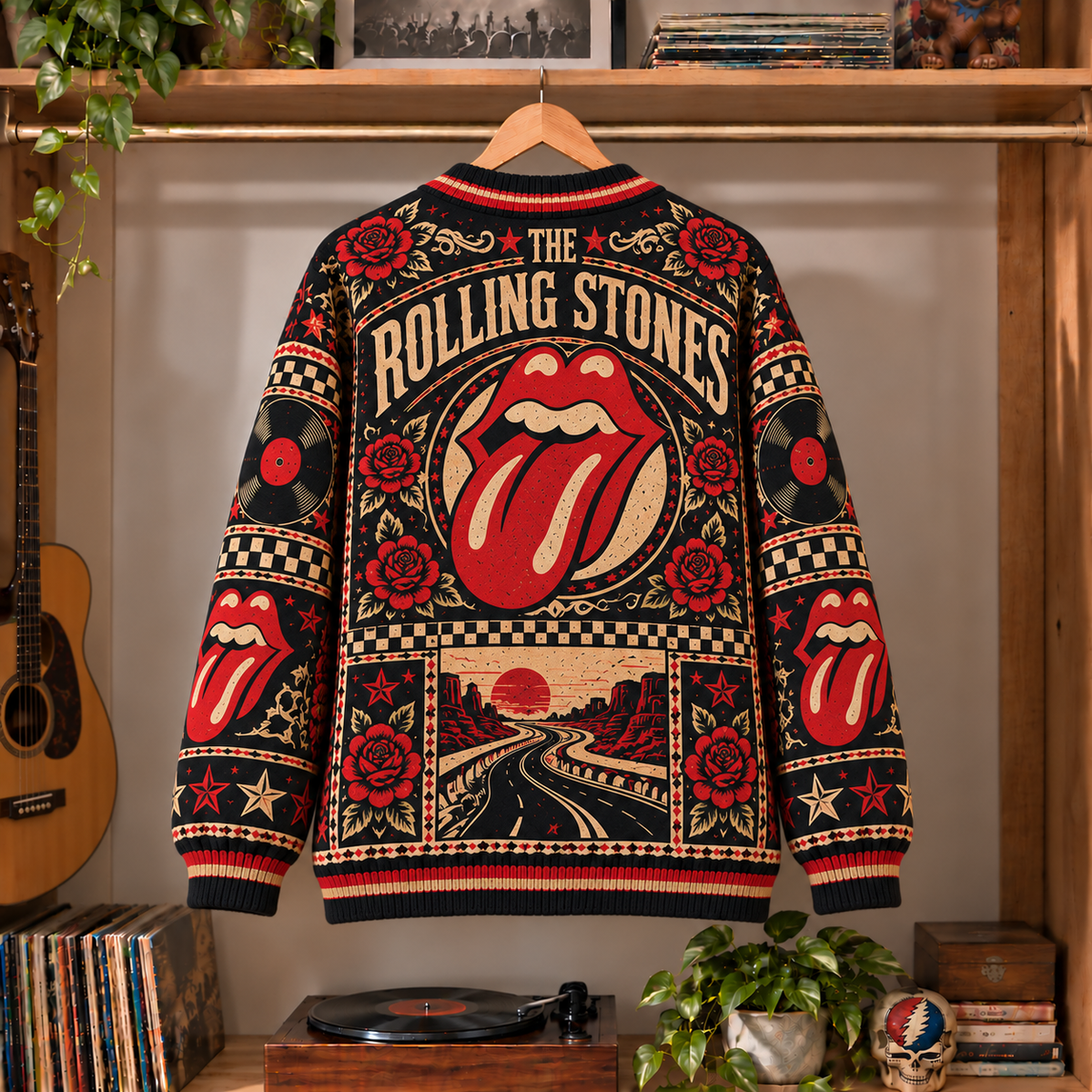 The Rolling Stones Retro Rock Knit Cardigan - Vintage Style Classic Rock Button Down Sweater, Unique British Invasion Band Merchandise Fan Outfit