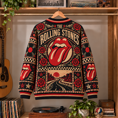 The Rolling Stones Retro Rock Knit Cardigan - Vintage Style Classic Rock Button Down Sweater, Unique British Invasion Band Merchandise Fan Outfit