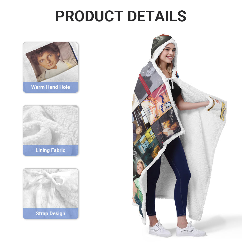 Barry Manilow Album Collage Wearable Hooded Blanket – Cozy Retro Music Fan Gift
