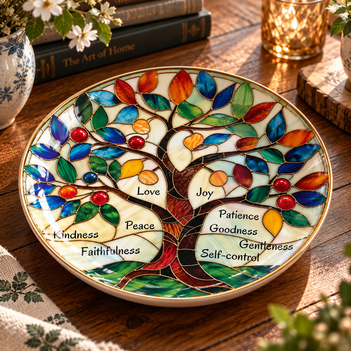 Tree of Peace Decorative Plate – Stained Glass Christian Tree Art, Faith Love Joy Peace Religious Home Decor Gift
