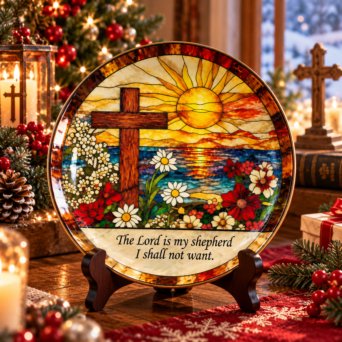 Psalm 23 Christian Decorative Plate – The Lord Is My Shepherd Stained Glass Cross Art, Religious Faith Gift & Christmas Home Decor
