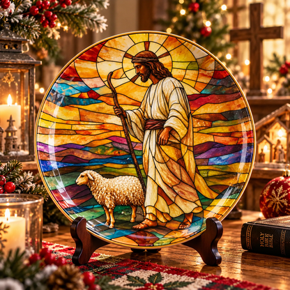 Jesus Good Shepherd Decorative Plate – Stained Glass Christian Art with Lamb, Religious Faith Home Decor & Christmas Gift