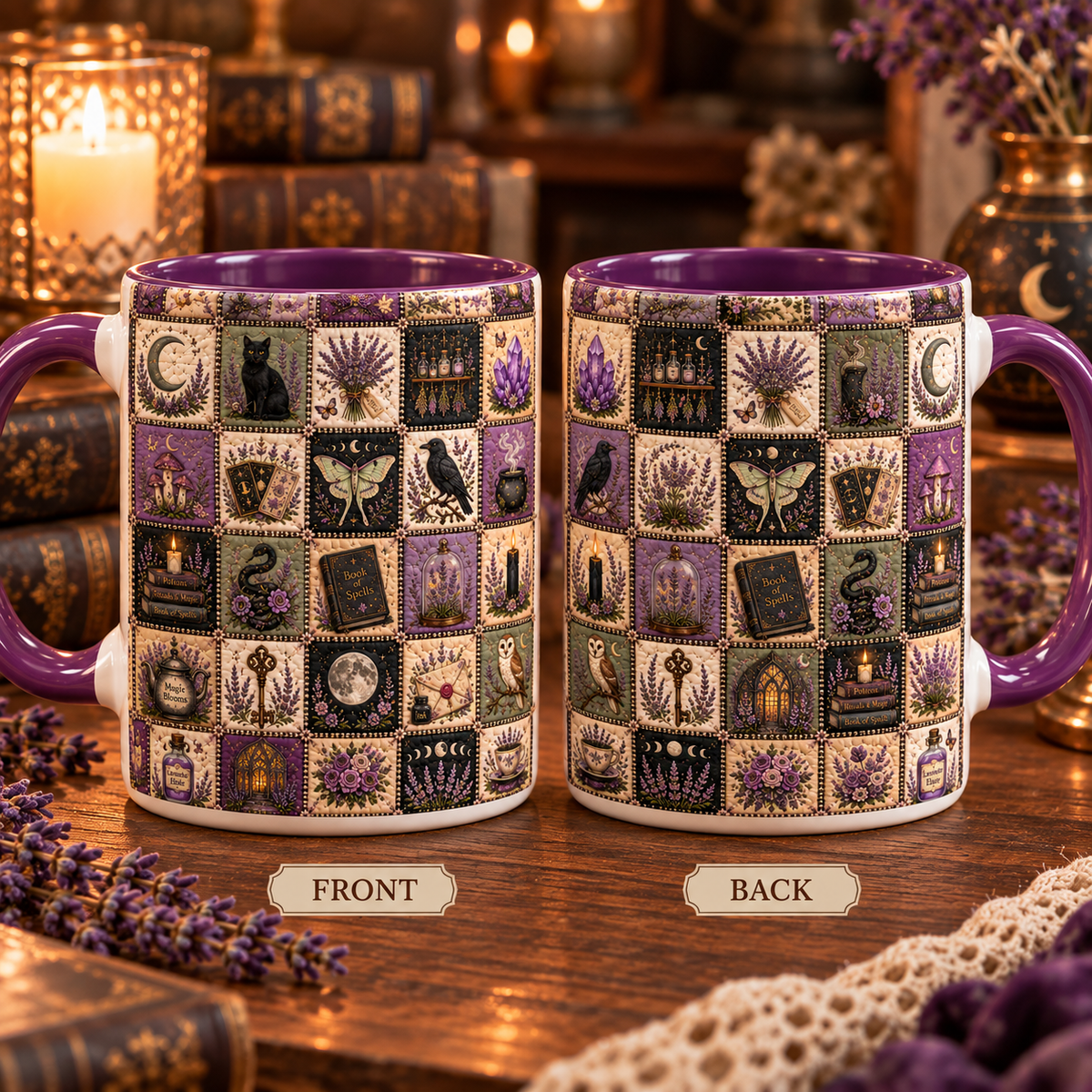 Witchy Patchwork Mug – Purple Lavender Magic Coffee Cup, Black Cat Tarot Crystal Moon Mug, Mystical Gift for Witch Lovers