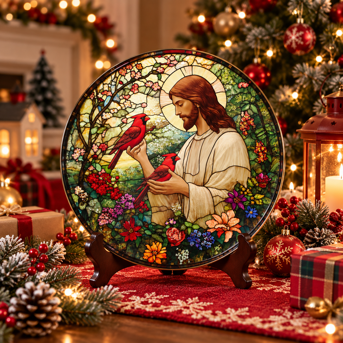 Jesus Stained Glass Decorative Plate – Christian Cardinal & Floral Faith Art, Religious Christmas Gift for Christian Home Decor