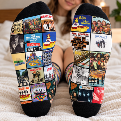 The Beatles Abbey Road & Help! Classic Rock Middle Tube Socks - Retro Patchwork Album Covers & John, Paul, George, Ringo Art Printed Crew Socks