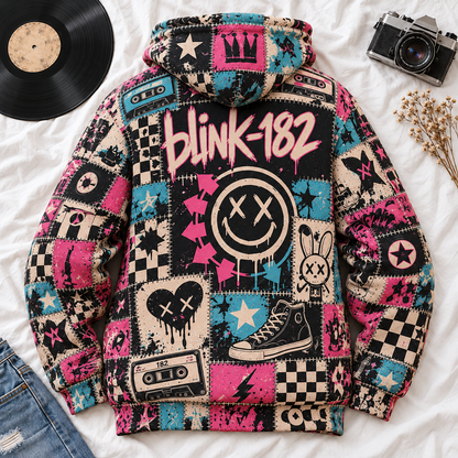 Blink-182 Patchwork Hoodie – Vintage Pop Punk Band Graphic Pullover, Pink Blue Emo Rock Hoodie, Retro 90s 2000s Music Fan Gift