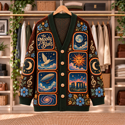 The Moody Blues Patchwork Cardigan - Casual Button Sweater, Celestial Airship Prog Rock Music Fan Gift