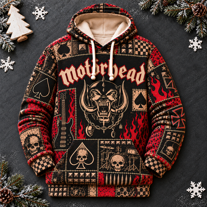 Motörhead Patchwork Hoodie – Vintage Heavy Metal Graphic Pullover, Snaggletooth Skull Sweatshirt, Retro Rock Band Fan Gift, Unisex Biker Hoodie