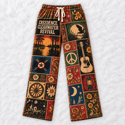 Creedence Clearwater Revival  Pajama Pants - Vintage Patchwork Bayou & Peace Art, Drawstring Waist | Rock Sleepwear