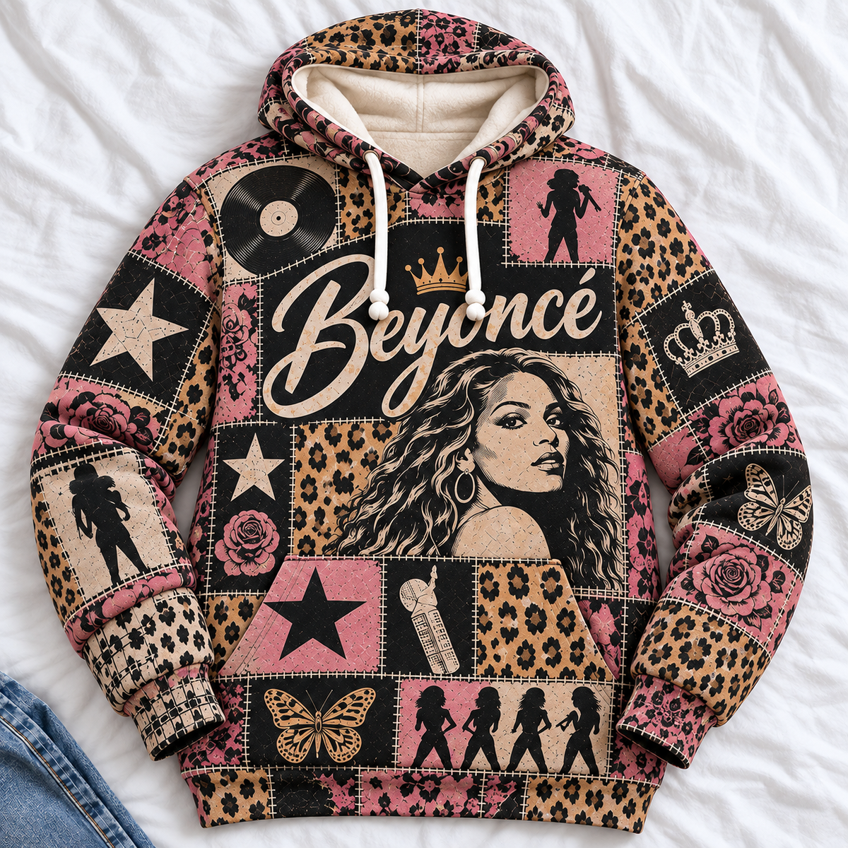 Beyoncé Patchwork Hoodie – Vintage Queen Bey Graphic Pullover, Pink Leopard Print Music Hoodie, Retro Pop R&B Fan Gift