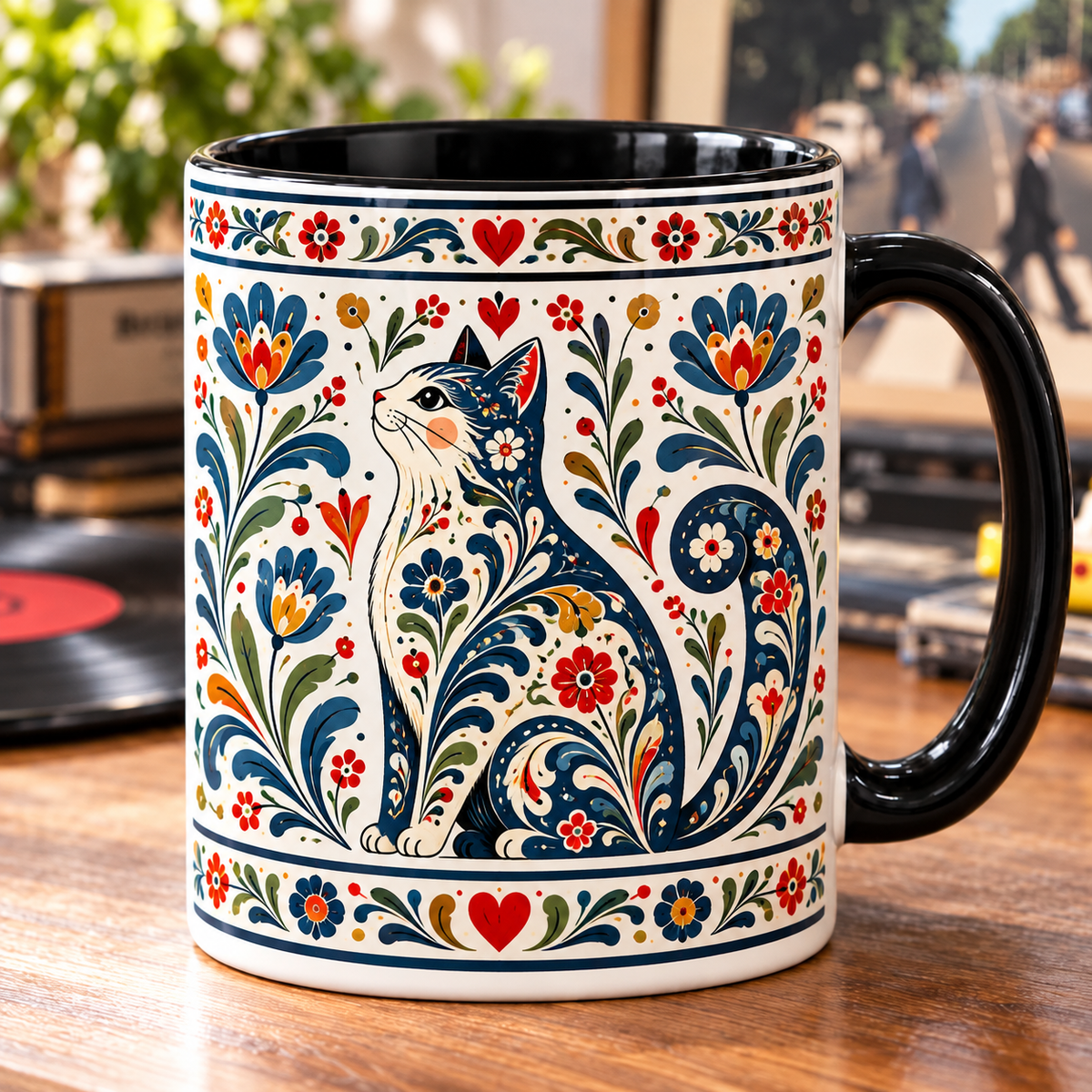 Folk Art Floral Cat Ceramic Mug – Nordic Botanical Cat Coffee Cup, Aesthetic Gift for Cat Lovers