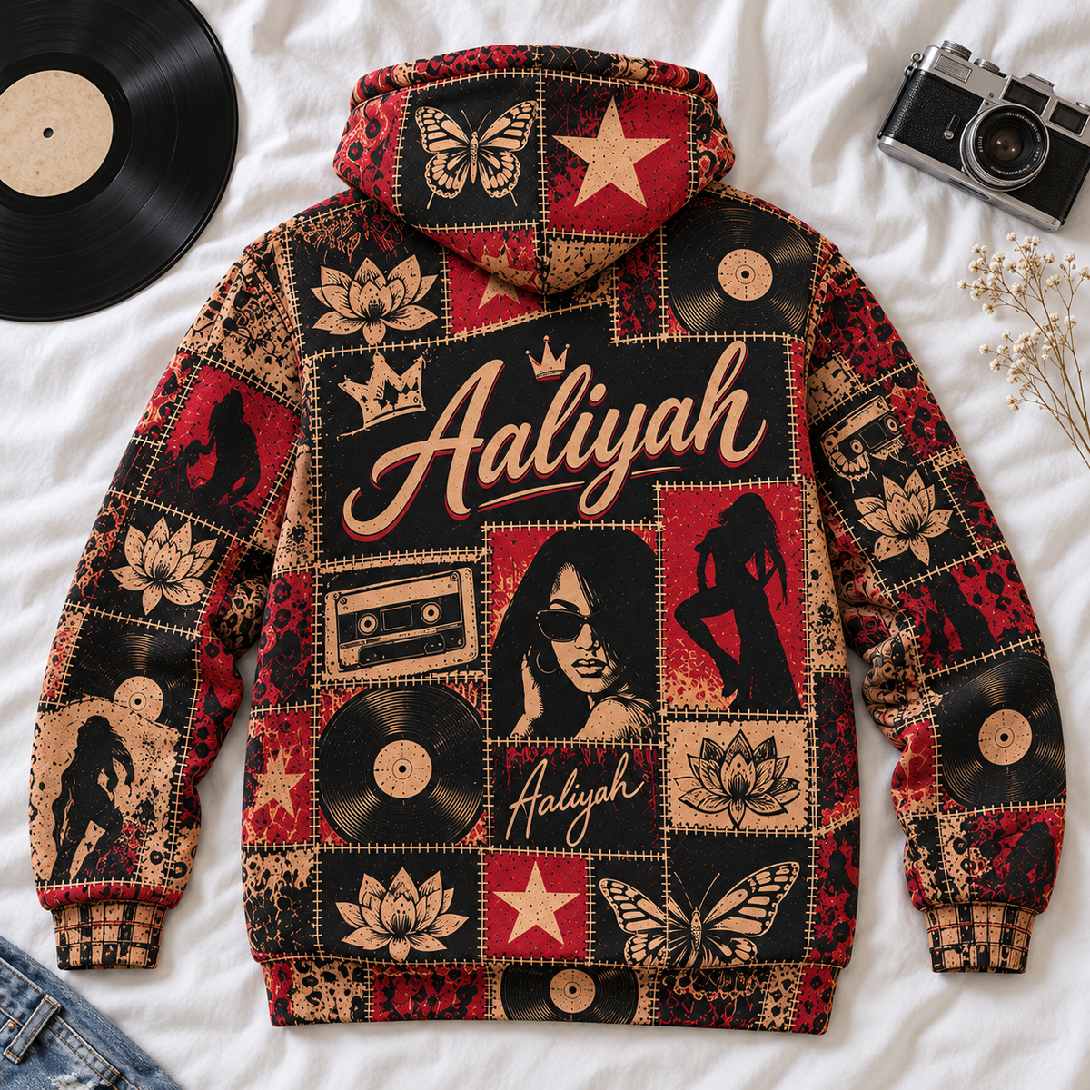 Aaliyah Patchwork Hoodie – Vintage 90s R&B Singer Graphic Pullover, Retro Hip Hop Music Hoodie, Aaliyah Memorial Fan Gift