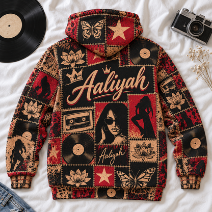 Aaliyah Patchwork Hoodie – Vintage 90s R&B Singer Graphic Pullover, Retro Hip Hop Music Hoodie, Aaliyah Memorial Fan Gift