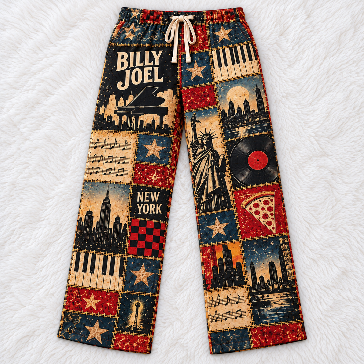Billy Joel Pajama Pants - Patchwork Piano Man & NYC Art Sleepwear | Comfortable Music Fan Lounge Pants