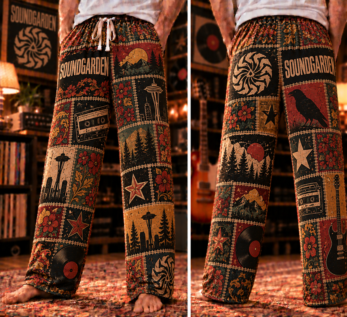 Soundgarden Pajama Pants - Retro Patchwork Cassette Tape, Vinyl Record & Pacific Northwest Forest Art Sleepwear - Comfortable Pajama Pants for Music Fans