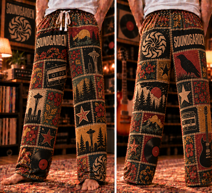Soundgarden Pajama Pants - Retro Patchwork Cassette Tape, Vinyl Record & Pacific Northwest Forest Art Sleepwear - Comfortable Pajama Pants for Music Fans