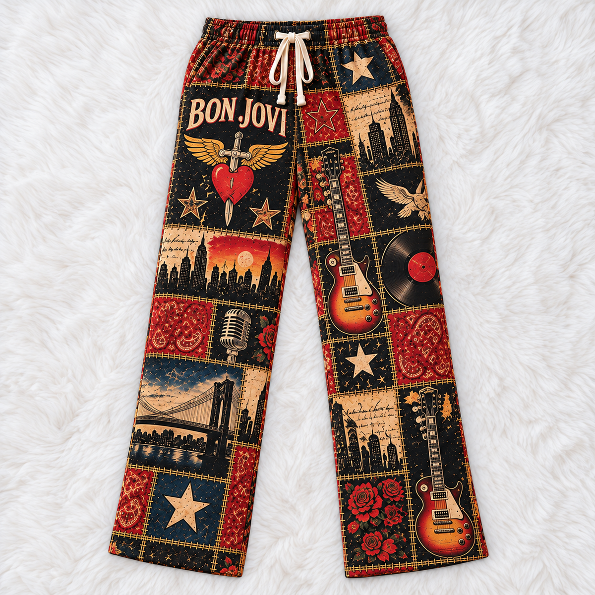 Bon Jovi Pajama Pants - Patchwork Classic Rock Art Sleepwear | Comfortable Music Fan Lounge Pants