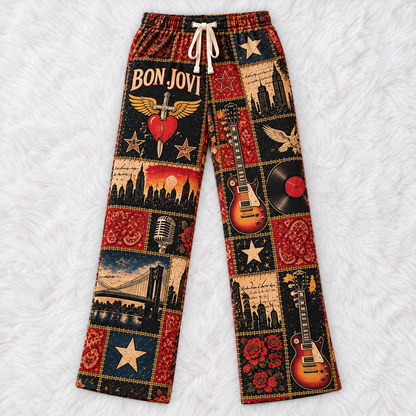Bon Jovi Pajama Pants - Patchwork Classic Rock Art Sleepwear | Comfortable Music Fan Lounge Pants