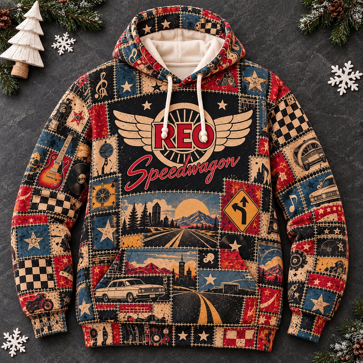 REO Speedwagon Patchwork Hoodie – Vintage Classic Rock Graphic Pullover, Retro 70s 80s Rock Band Sweatshirt, Keep On Loving You Inspired Hoodie