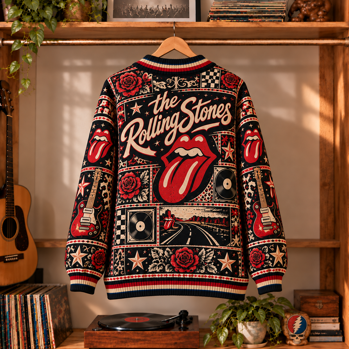 The Rolling Stones Knit Cardigan - Official Classic Rock Merchandise, Vintage Style Long Sleeve Button Down Outerwear Fan Gift