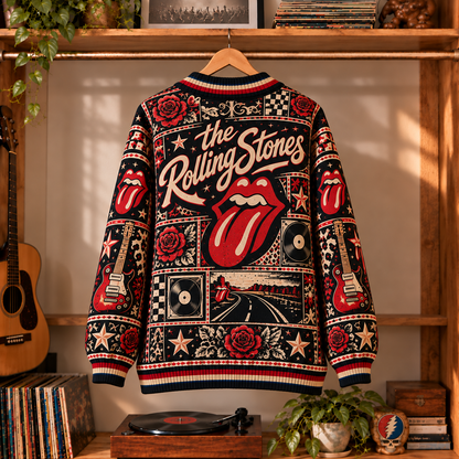 The Rolling Stones Knit Cardigan - Official Classic Rock Merchandise, Vintage Style Long Sleeve Button Down Outerwear Fan Gift