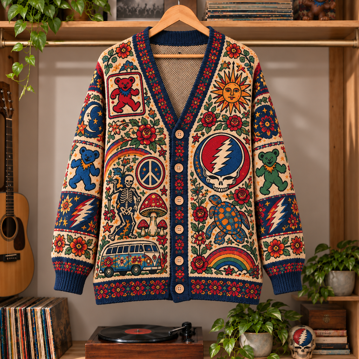Grateful Dead Retro Rock Knit Cardigan - Vintage Style Jam Band Button Down Sweater, Unique Psychedelic Hippie Music Merchandise Fan Outfit