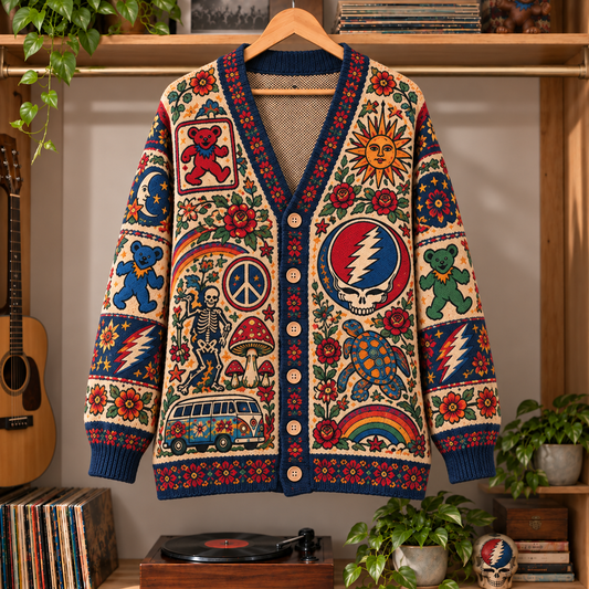 Grateful Dead Retro Rock Knit Cardigan - Vintage Style Jam Band Button Down Sweater, Unique Psychedelic Hippie Music Merchandise Fan Outfit