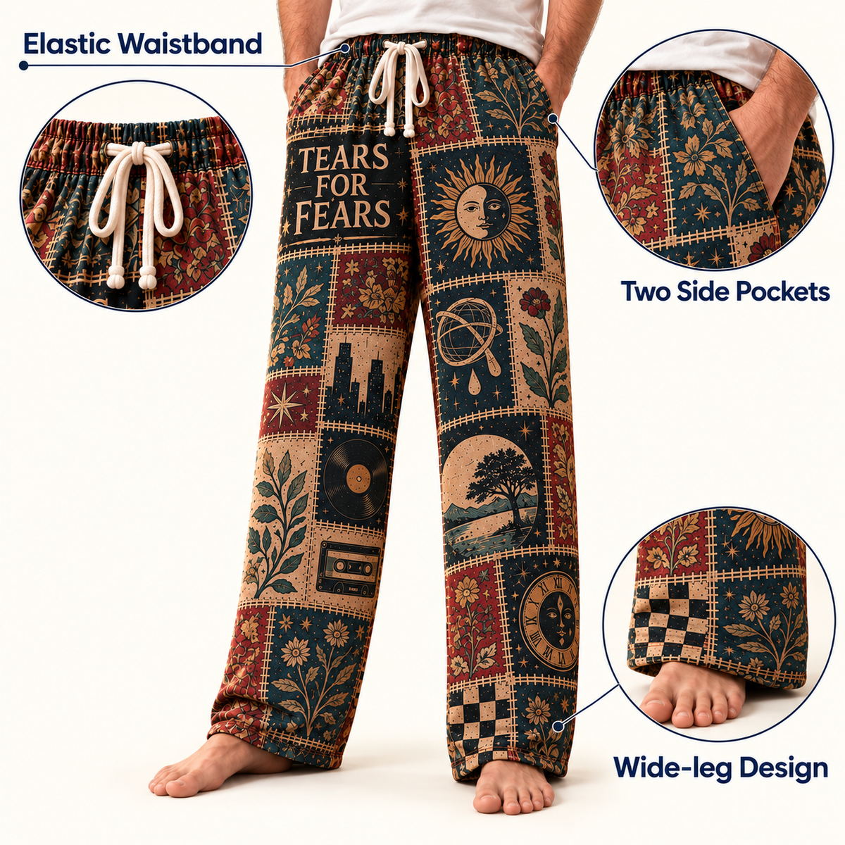 Tears for Fears Classic Pajama Pants - Retro Patchwork Clock Face, Cassette Tape & Vinyl Record Art Sleepwear - Comfortable Pajama Pants for Music Fans