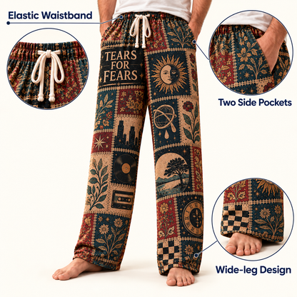 Tears for Fears Classic Pajama Pants - Retro Patchwork Clock Face, Cassette Tape & Vinyl Record Art Sleepwear - Comfortable Pajama Pants for Music Fans