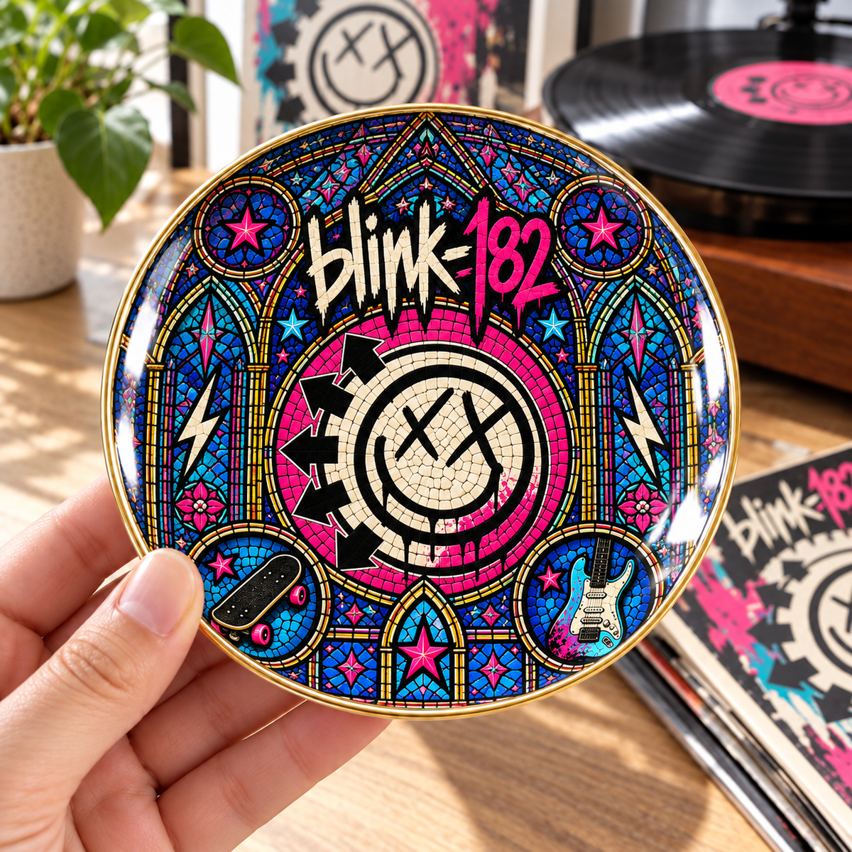 Blink-182 Ceramic Ring Dish - Pop Punk Stained Glass Jewelry Tray, Smiley Face Logo Trinket Dish Fan Gift