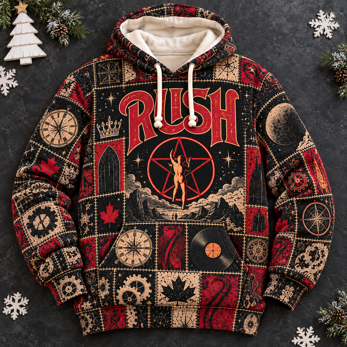 Rush Patchwork Hoodie – Vintage 2112 Starman Graphic Pullover, Retro 70s 80s Progressive Rock Sweatshirt, Classic Rock Band Hoodie